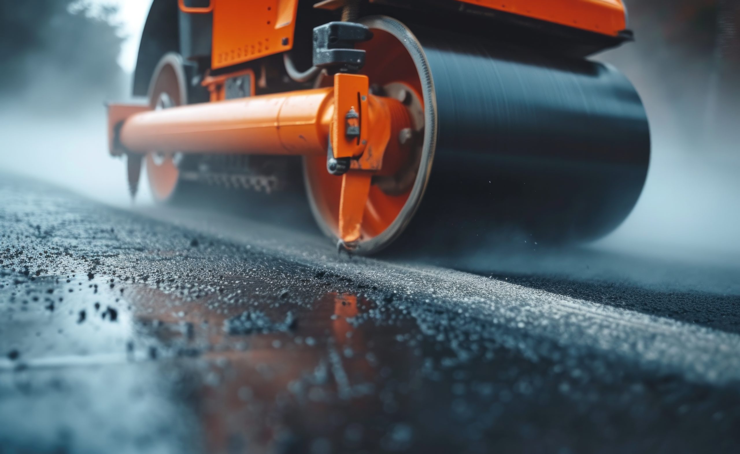 Close-up of hot asphalt being compacted, representing hot rubber crack filling