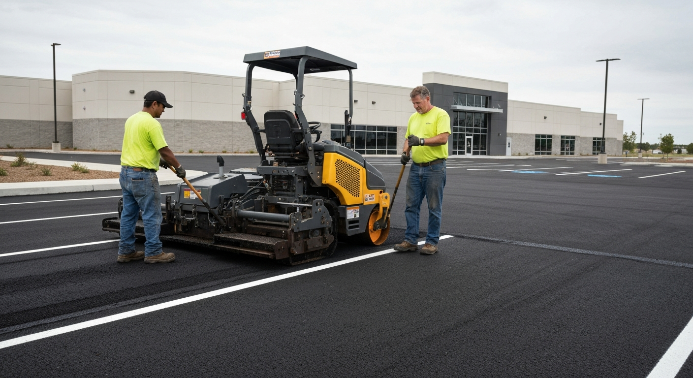 Freshly striped commercial parking lot with ADA compliant markings