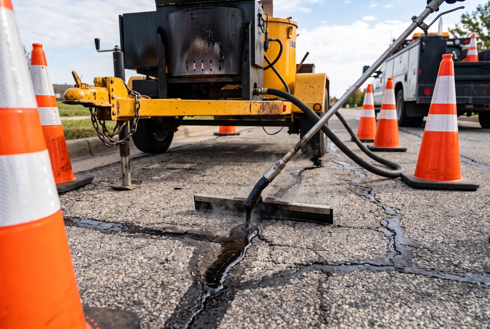 Asphalt Paving and Emergency Repairs in Oak Hill Hot rubber crack filling machine sealing asphalt cracks behind safety cones - asphalt repairs