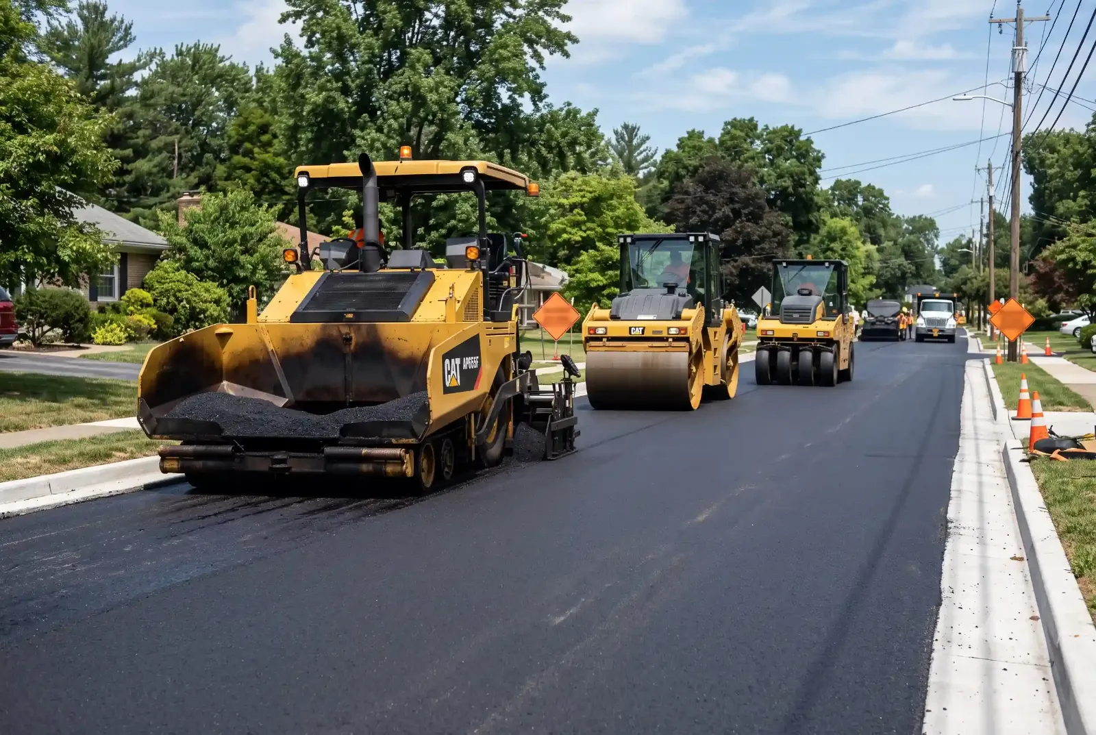 Commercial Asphalt Paving in Oak Hill Nashville TN Commercial asphalt paving crew with paver and rollers laying new pavement - Oak Hill Nashville asphalt contractor