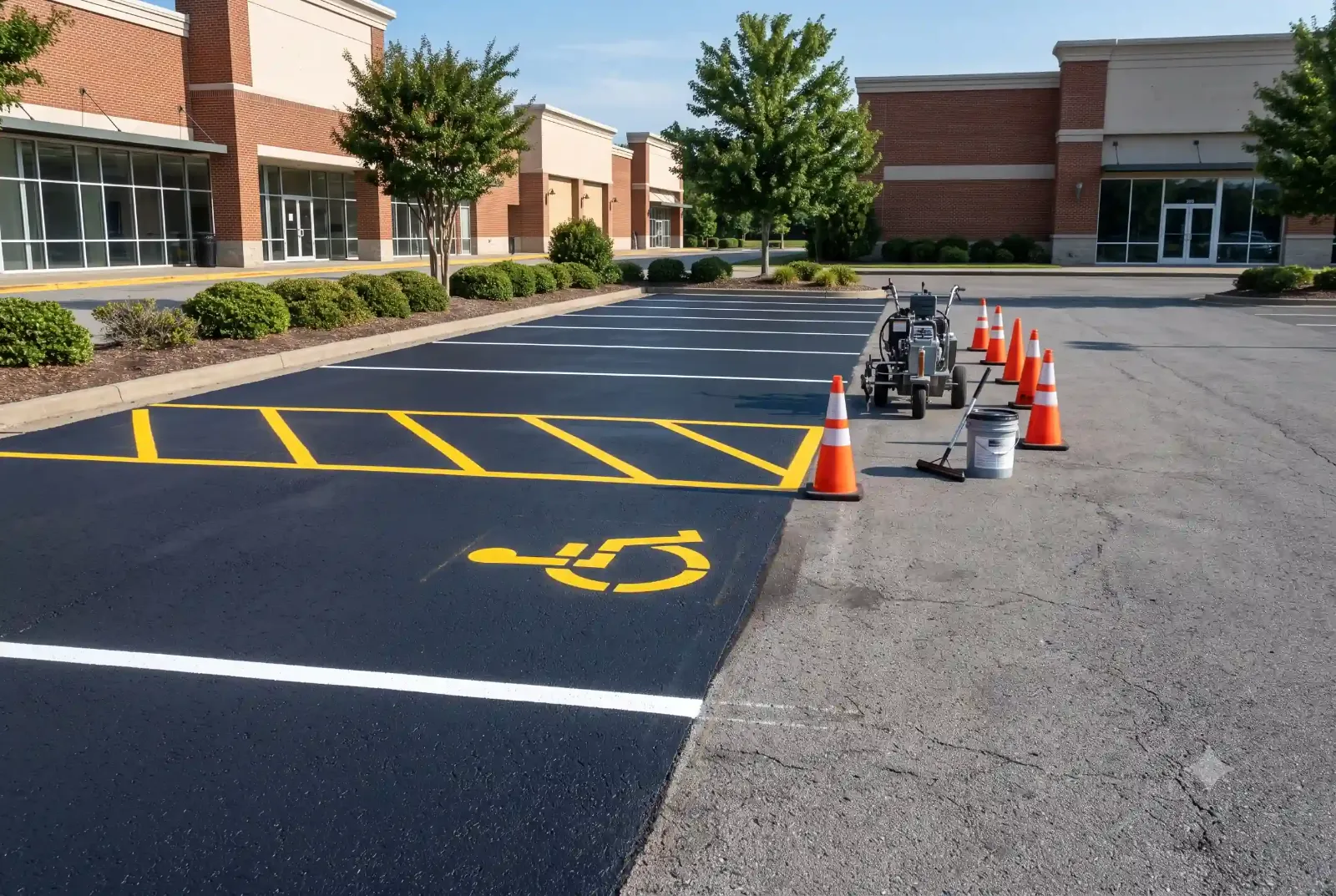 Line Striping and Parking Lot Marking in Oak Hill Crew painting ADA handicap stall and yellow line striping on a commercial parking lot