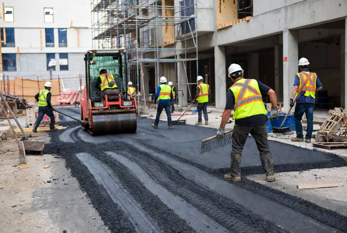 Asphalt crew paving beside a new development construction site