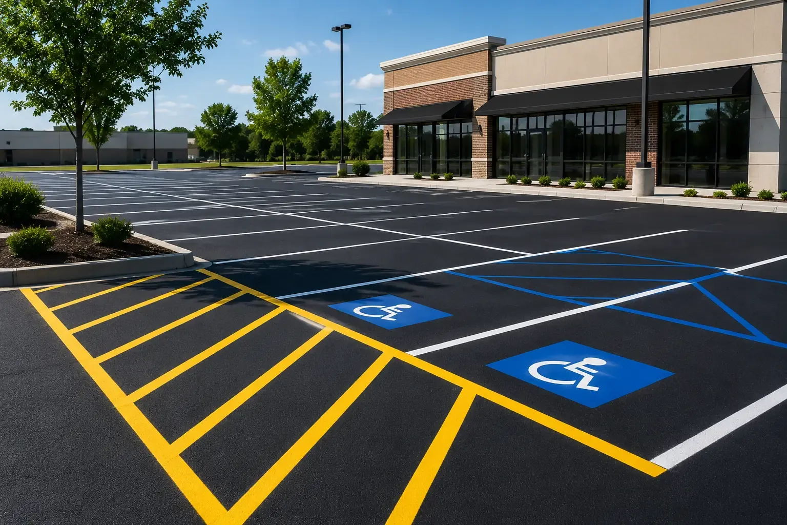 ADA-compliant parking lot striping with yellow hatch lines and handicap symbols